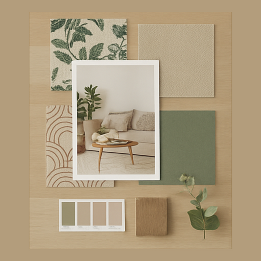 Color swatches and a photo of a living room with neutral tones and green accents.