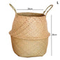 Woven basket with handles and dimensions on a white background
