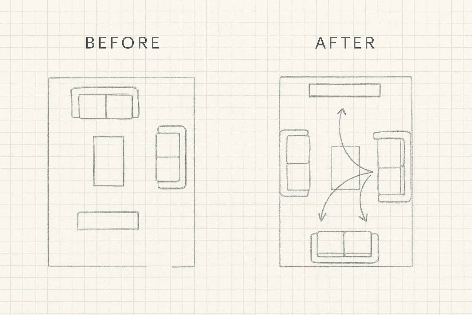 Before and after comparison of a light switch layout on graph paper.
