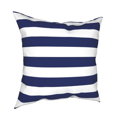Striped pillow with blue and white horizontal stripes