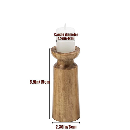 Wooden candle holder with a white candle inside, showing measurements on a white background.