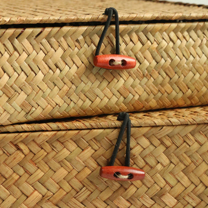 Close-up of a woven basket with wooden handles