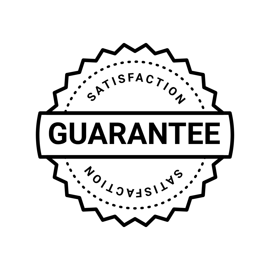 Black and white 'Satisfaction Guarantee' logo on a white background
