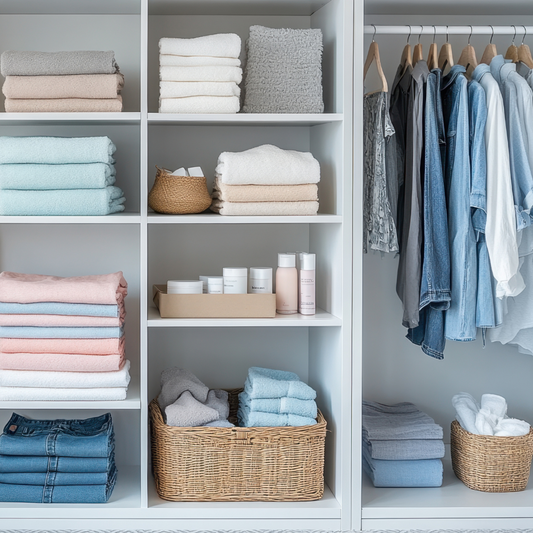 home organizing closet with blue and white