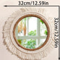Round mirror with macrame frame and dimensions on a beige background