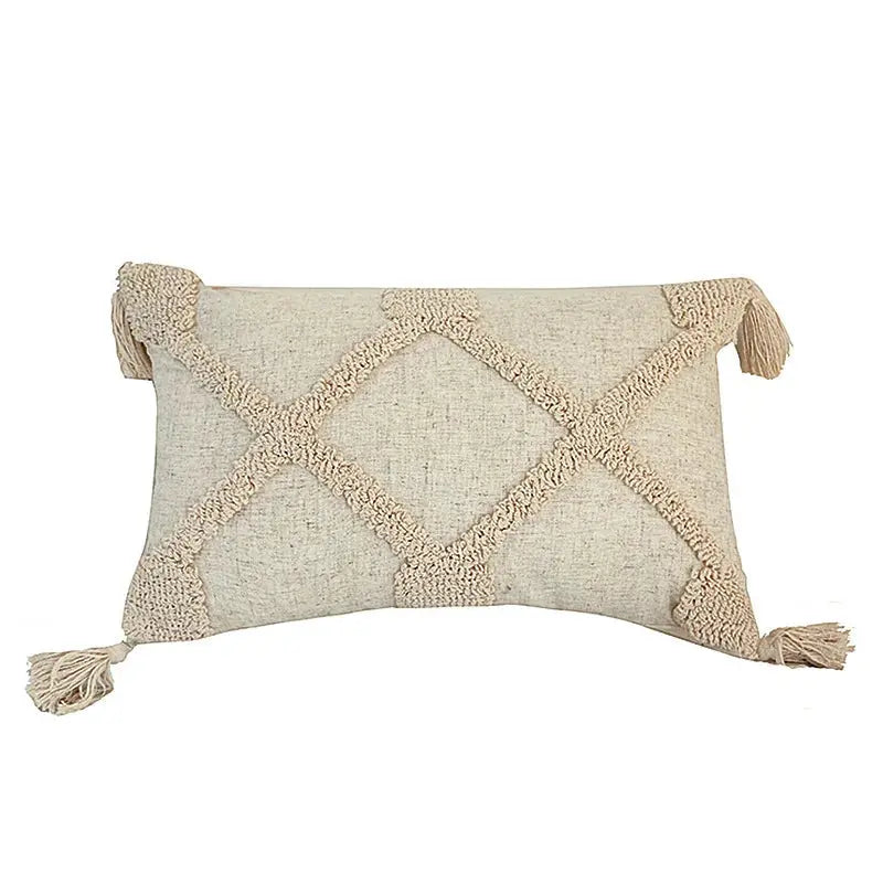 Decorative pillow with textured pattern and tassels on a white background