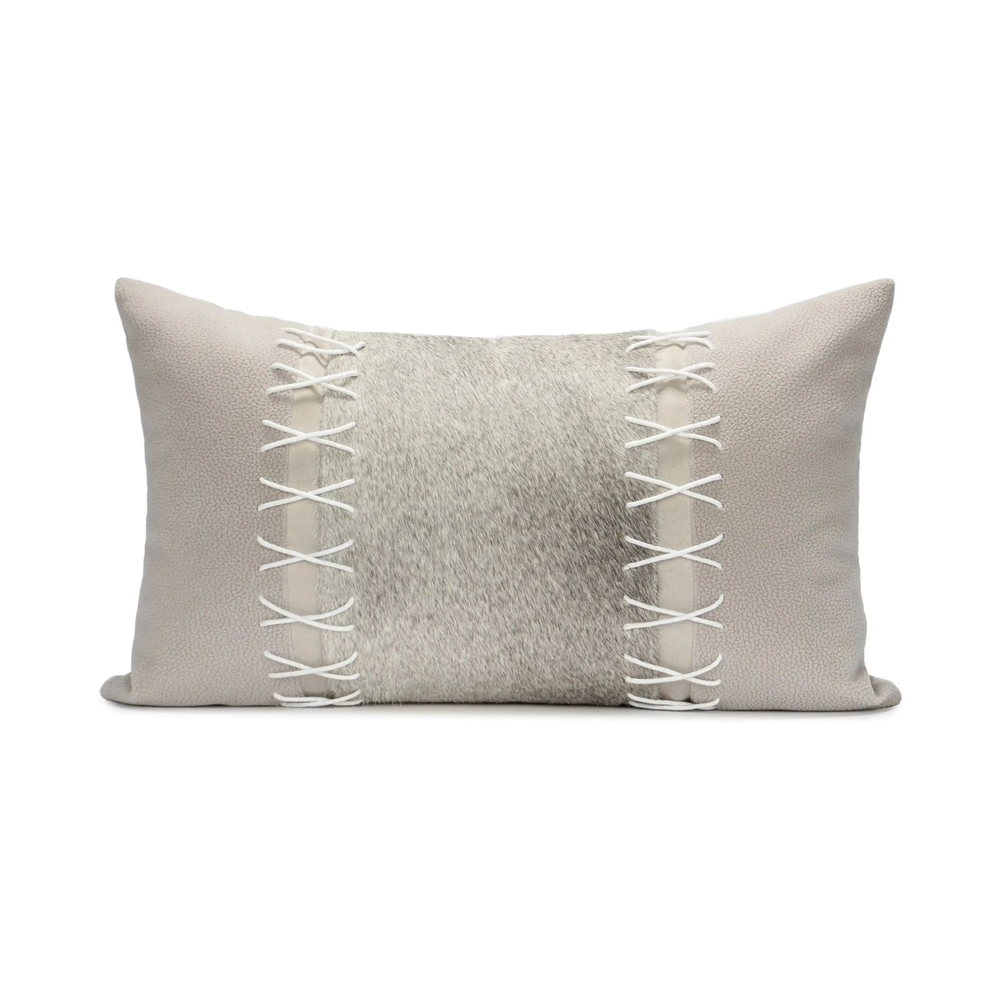 Gray pillow with white lace detailing on a white background