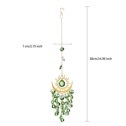 Decorative hanging ornament with green gemstones and gold accents, shown with measurements on a white background.