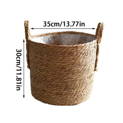 Woven basket with dimensions labeled on a white background