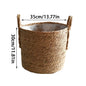 Woven basket with dimensions labeled on a white background