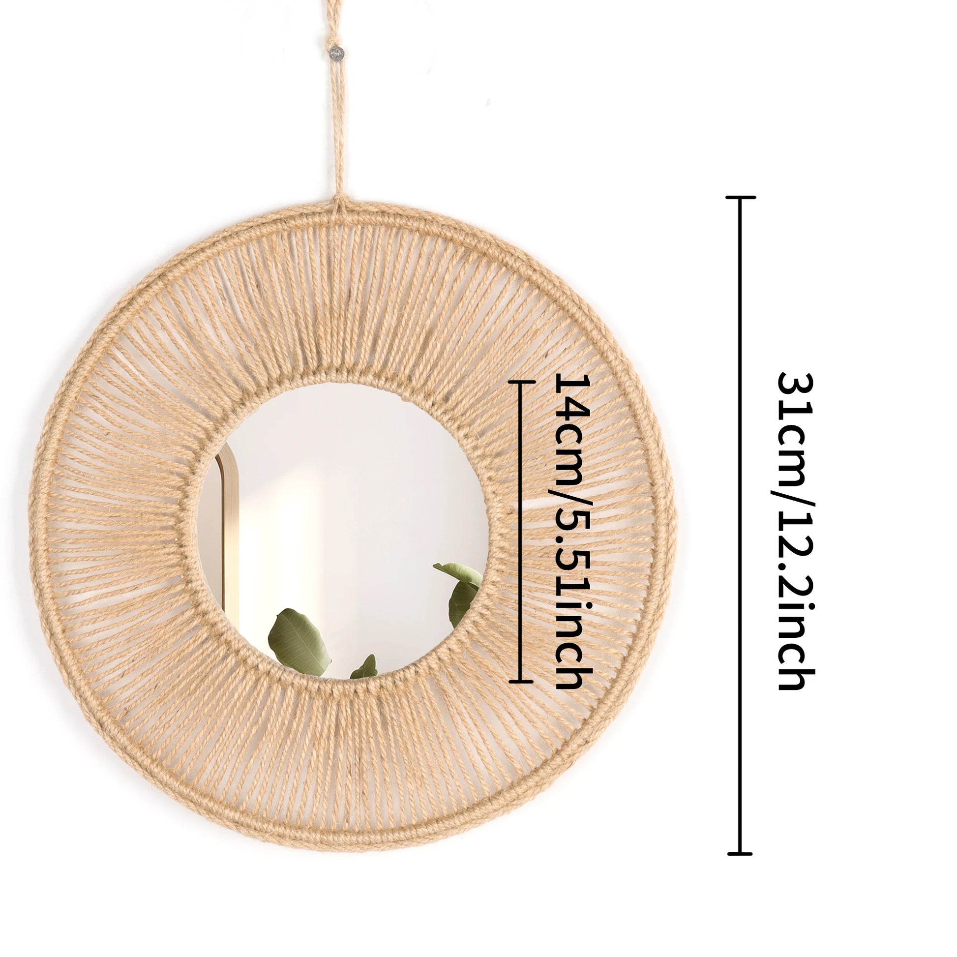 Round woven mirror with dimensions on a white background