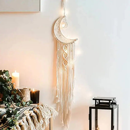 Macrame wall hanging with a moon design in a cozy room