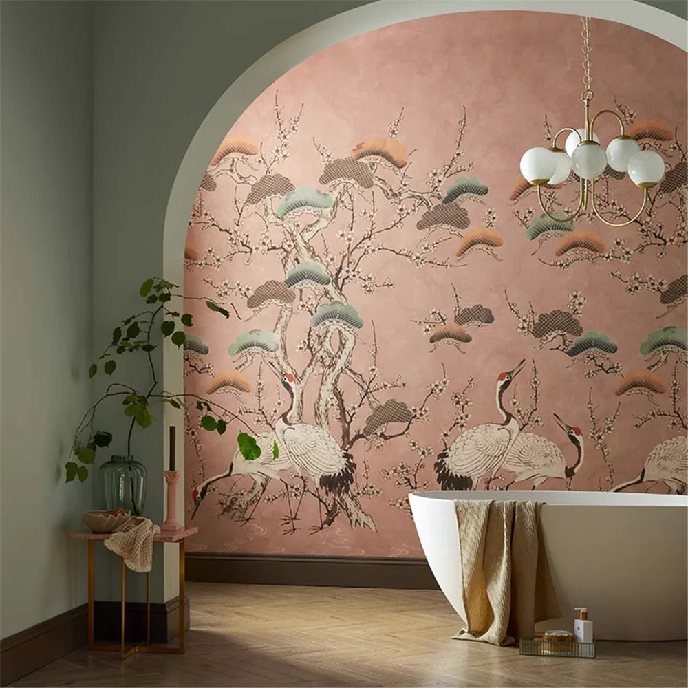 Elegant Plum Blossom & Crane Wallpaper Mural