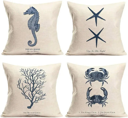 Set of four decorative pillows with blue sea-themed
