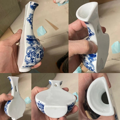 Collage of a white ceramic vase with blue patterns held by a hand.