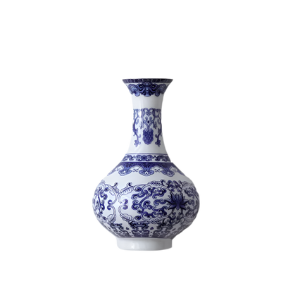 Blue and white ceramic vase with floral patterns and dimensions on a light gray background