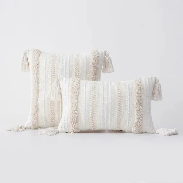 Two decorative pillows with tassels on a light gray background