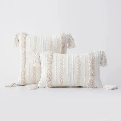 Two decorative pillows with tassels on a light gray background